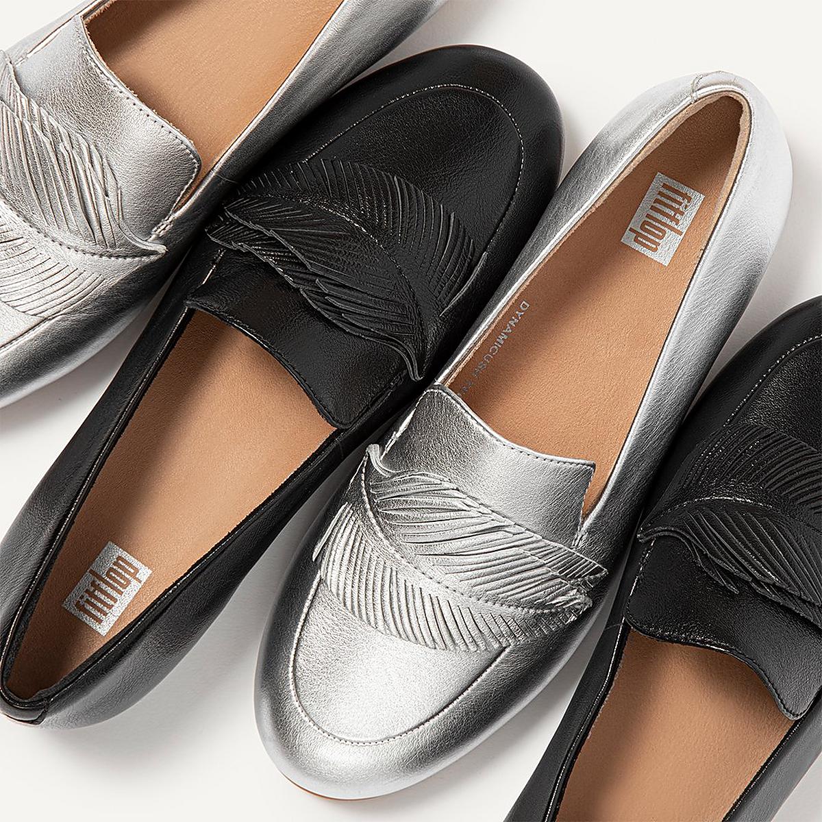 Fitflop Lena Feather Metallic Leather Loafers Dame, Sølv Salg hos